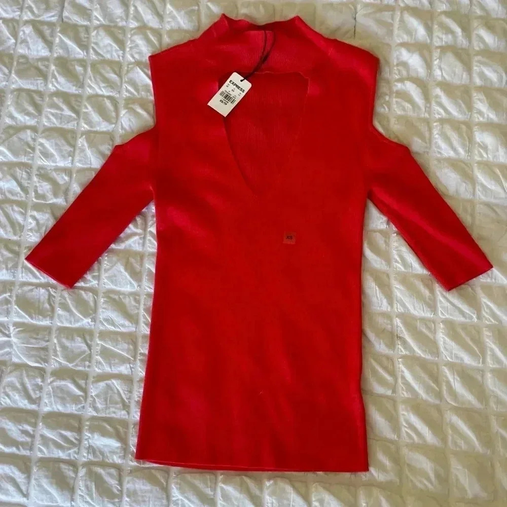 Express red Orange knit choker cold shoulder top